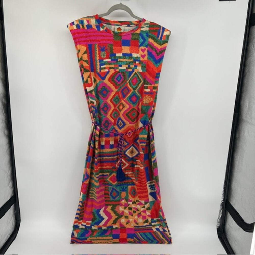 FARM Rio Summer Patches T-Shirt Dress Womens M Multicolor Shoulder Pads Belted